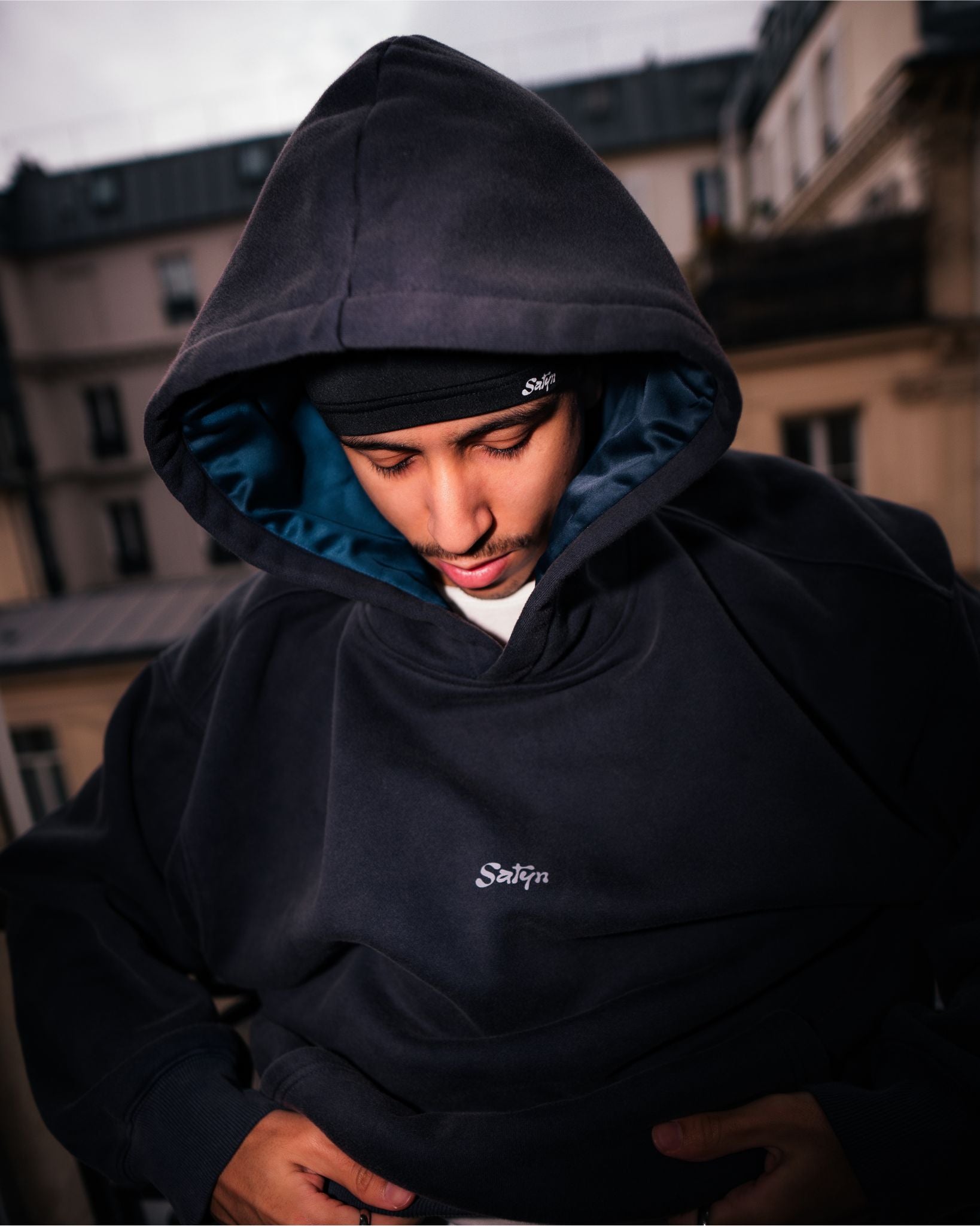 Washed Hoodie Capuche Satin - Bleu